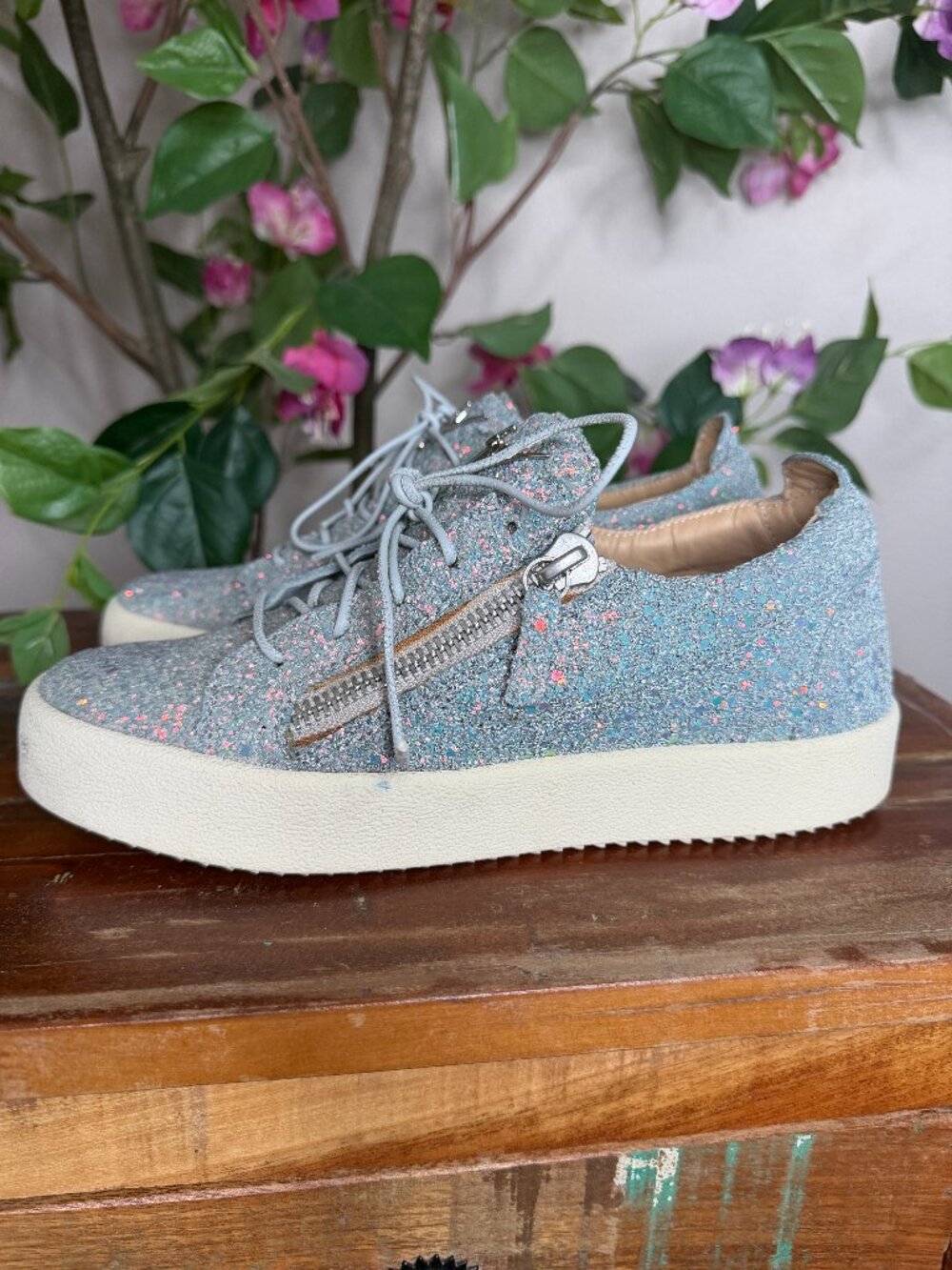 May London Designer Women's low top sneakers shoes ice blue glitter